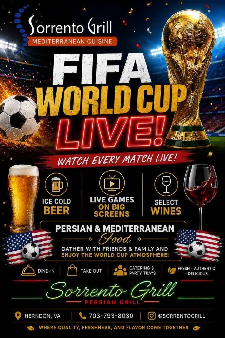 پخش زنده جام جهانی فیفا ۲۰۲۶ در رستوران سورنتو گریل | FIFA World Cup 2026 Live at Sorrento Grill In DMV